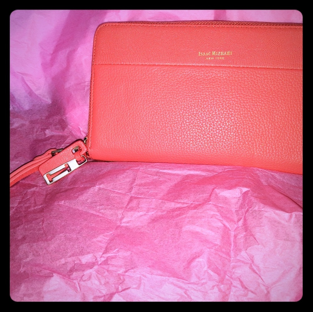 Issac Mizrahi New York Leather Wristlet Coral Red